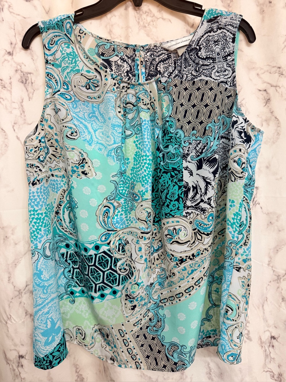 Christopher & Banks Aqua Patchwork Print Sleeveless Shell